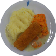 PlantBased Backfilet aus Jackfruit und Gemüse (81) an Senf-Rahm-Kräutersoße (19,22,81) dazu Möhrengemüse und hausgemachter Buttermilch-Kartoffelstampf (19,22)