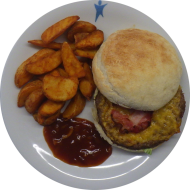 Burger 'Americans Best' mit Bacon, Cheddar und BBQ Sauce (1,2,3,11,19,21,22,23,24,48,51,52, 81,83) dazu Kartoffelspalten