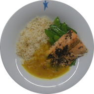 Karibischer Wildlachs mit Mangosalsa (16,56) auf sautierten Zuckerschoten dazu gebratener Chilireis