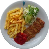 Hacksteak 'Griechische Art' mit Frischkäse-Knoblauchfüllung (15,19,49,52,81) dazu hausgemachte Salsa(9), Pommes frites und kleiner Weißkraut-Lauchsalat