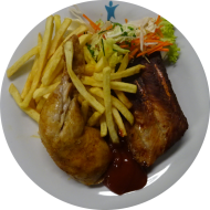 Grillabend: Knusprig gebratener Hähnchenschneknel (54) oder hausgemachte 'Sweet-Chili'-Spare Ribs (2,18,48,49,51,81) an BBQ-Dip (9,21) dazu Steakhouse Pommes und Salatgarnitur