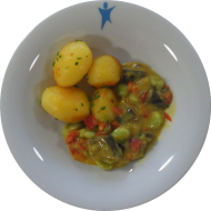 Kleine Portion: Auberginen-Bohnen-Paprika-Wok mit geschwenkten Chilikartoffeln (14,18,81)