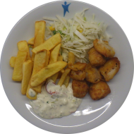 Fish'n Chips - Seelachsnuggets (8,16,19,56,81) dazu Steakhouse Fries mit Kräuterremoulade (9,22) und Salatgarnitur