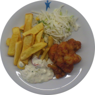 Hausgemachter Blumenkohl im Sesambackteig (23,81) mit Remouladensoße (9,81) dazu Steakhouse Fries und Salatgarnitur