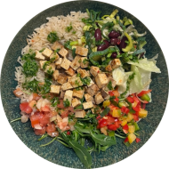 StreetFood: Mexikanische Burrito Bowl mit Bohnen, Paprika, Reis, Gouda, Salsa, Guacamole und Sojaschnetzel (1,3,18,49)