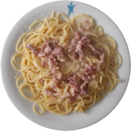 Spaghetti (81) mit Schinken-Sahnesoße 'Carbonara' (1,2,3,8,19,51)dazu geriebener Gouda (19)
