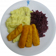 4 gebackene Fischstäbchen (81) mit Rotkraut und hausgemachten Kartoffelstampf (19)