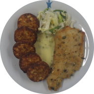 Hausgemachtes gebratenes Putenbrustfilet in Kürbiskernpanade (15,54,81) mit Sauce Bearnaise (8,15,19) dazu Röstitaler und Salatgarnitur