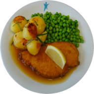 Schweineschnitzel (81) mit Rahmsoße (19,81) , Petersilienkartoffeln und Buttererbsen (19)