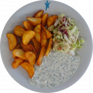 Wedgeskartoffeln mit Creme-fraiche-Dip (19) und Garnitur