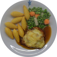 Schweinerückensteak 'au four' (1,19,22,24,44,51,81) an Bratensoße (81) dazu Leipziger Allerlei und Zapfenkroketten (15,19)