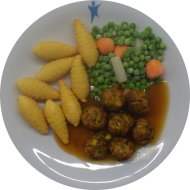 7 Gemüse-Köttbullar (15) an Bratensoße (81) dazu Leipziger Allerlei und Zapfenkroketten (15,19)