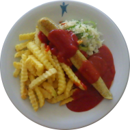 CurryV-urst 'Hot and Sweet' an 2erlei Saucen (3,9,18,21) dazu Pommes Frites und Salatgarnitur