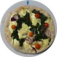 Sie können aus 6 verschiedenen Pizzavariationen wählen. Heutige Tagesempfehlung: Pizza 'Ricotta Spinaci' mit Frischkäse, Mozzarella und Spinat (19,81)