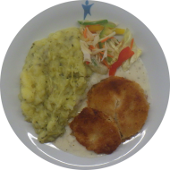 Kohlrabischnitzel (3,81) an Creme fraiche-Soße (19,81) dazu hausgemachter Kartoffel-Gurken-Stampf (9,19) und Salatgarnitur