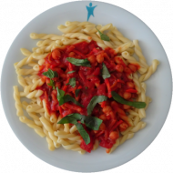 Pasta(81) mit 'Sauce Napoli' (62,81) und geriebenen Gouda (19) oder veganer Reiberei (1)