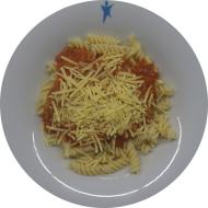 Spirelli (81) mit Soja-Gemüse-Bolognese (3,18,21,81) dazu Reiberei (1)