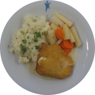 Hähnchenbrustfilet 'Formaggio' mit Frischkäse gefüllt (19,49,54,81) an Schnittlauchrahmsoße (1,19,22,81) dazu Schwarzwurzel-Möhren-Gemüse und Risotto Milanese (15,19,24,44)
