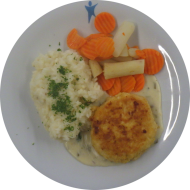 Blumenkohl-Käse-Medaillon (15,19,81) an Schnittlauchrahmsoße (1,19,22,81) dazu Schwarzwurzel-Möhren-Gemüse und Risotto Milanese (15,19,24,44)