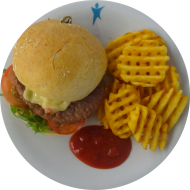 Burger 'Italia' mit gebratener Hähnchenbrust, Tomate, Rucola und Mozzarella (9,19,54,81,83) dazu Gitterkartoffeln (81) 