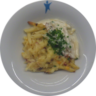 Kleine Portion: Böhmische Schinkennudeln mit Sauerrahm und Käse oder auch vegetarisch (2,3,4,15,19,49,51,81)