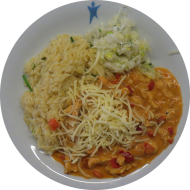 Hähnchengyros 'Metaxa' mit Paprika, Zwiebel und Knoblauch (19,44,49,54) dazu Kritharaki (3,19,54,81) und Salatgarnitur