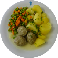 3 Kochklopse nach 'Königsberger Art'(15,19) und gebutterte Fingermöhren (19) dazu Petersilienkartoffeln