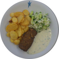 Hirtenrolle mit Frischkäsefüllung (15,18,19,49,51,81) und hausgemachtes Zaziki (19,49) dazu gebackene Knoblauchkartoffeln (49) und Gurken-Weißkraut-Salat