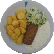 Hackrolle mit fruchtiger Tomatenfüllung (22,81,84) mit Sojaziki (3,18,49) dazu gebackene Knoblauchkartoffeln(49) und Gurken-Weißkraut-Salat