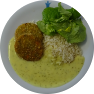 2 Brokkoli-Medaillons (1) mit Kräuterhollandaise (8,15,19) dazu Langkornreis und Kopfsalat 