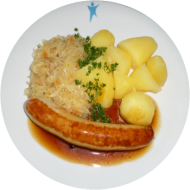 Gebratene Roster mit Senf (3,22,51) und Bratenjus (81) oder vegane Bratwurst(18,21) dazu Sauerkraut und Petersilienkartoffeln
