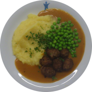 6 schwedische Köttbullar (51,52) an Rahmsoße (19,52,81) dazu Erbsengemüse und hausgemachter Buttermilch-Kartoffelstampf (19)