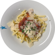 'Dreifach genießen Dreifach sparen, jeden Donnerstag am Scheffelberg' Spaghetti 'á la amatriciana' mit Schinkenspeck-Tomatensoße, Hartkäse und Weißwein (2,3,19,24,47,81)
