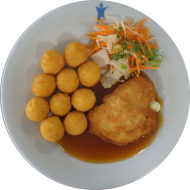 Hähnchenbrustfilet 'Formaggio' mit Frischkäse gefüllt (19,49,54,81) an Geflügelrahmsoße mit Rosmarin (19,54,81) dazu Kartoffelbällchen (81) und Salatgarnitur
