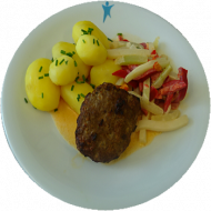 mV: Rinderhacksteak mit Kohlrabi-Paprika-Gemüse und Schnittlauchkartoffeln (15,19,22,49,52,81)