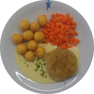 Hausgemachtes Kartoffelschnitzel (15,19,72,81,84) mit Kräuterhollandaise (8,15,19) dazu geschwenktes Möhrengemüse und Pommes Noisette (15)