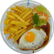 Schweineschnitzel mit Setzei (15,51,81) und Pommes frites dazu Bratensoße (81) und Salatgarnitur
