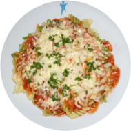 Makkaroni mit/ohne Jagdwurststreifen (1,2,3,8,21,22,46,51,81) und Tomatensoße (81) dazu geriebenen Gouda (19) oder Reiberei (1)