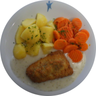 Backfisch mit Spinat-Käse-Creme gefüllt (1,15,16,19,56,81) an Weißwein-Dill-Soße (18,24,44,81) dazu Möhrengemüse und Petersilienkartoffeln