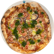 Sie können aus 5 verschiedenen Pizzavariationen wählen. Heutige Tagesempfehlung: Pizza 'Gamberetti' mit Garnelen, Zwiebeln, Bärlauch und Käse (14,19,81)