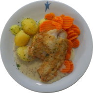 Gebratener Tilapia in Kräuter-Ei-Hülle an Dijon-Senfsoße dazu Möhren und Kräuterkartoffeln (15,16,19,22,56,62,81)