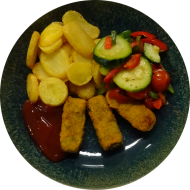 Grillabend: 3 Gemüsekroketten (21,81) an mediterranem Grillgemüse dazu BBQ-Dip (9,21,63) und Kartoffel-Chips