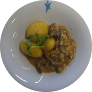 Kleine Portion: Rindfleischcurry 'Indische Art' mit Joghurt, Knoblauch, Fenchel und Kokosmilch (19,49,52,62) dazu Currykartoffeln (63)