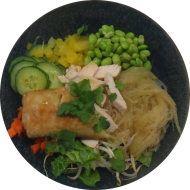 Bunte Asia Bowl mit Glasnudeln, Mango, Gurke, Edamame, Römersalat, Möhre und Sprossen (2,18,23,81) on Top Hähnchenstreifen (2,49,54) und eine kleine Frühlingsrolle mit Hühnerfleisch (21,54,81)