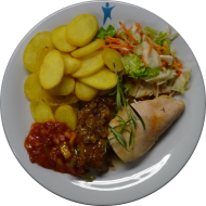 Grillabend: Mariniertes Schichtfleisch mit karamelisierten Zwiebelringen (21) oder Hähnchenbrustfilet in Honig-Thymian-Marinade (48) an Kräuter-Tomaten-Dip (9)dazu Kartoffelchips und Salatgarnitur