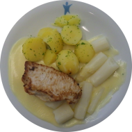 Putensteak natur gebraten (54) mit Sauce Hollandaise (8,15,19) dazu frisches Spargelgemüse (19) und Kartoffeln (62)