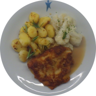Zitronenbackhendl (15,19,54,62,81,83) an Geflügelrahmsoße (19,54,62,81) dazu Blumenkohlgemüse und Rosmarinkartoffeln (49,62)