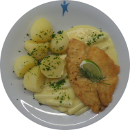 Gebratenes Buntbarschfilet (16,56,81) auf Spargelragout mit frischer Petersilie (8,15,19,62) dazu Petersilienkartoffeln (62)