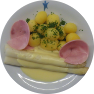 Frischer Stangenspargel mit Schinken (2,8,15,19,51) an Sauce Hollandaise (8,15,19) dazu Petersilienkartoffeln (62)