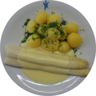 Frischer Stangenspargel an Sauce Hollandaise (8,15,19) und Petersilienkartoffeln (62)